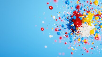 Poster - Colorful explosion red, white, blue, and yellow paint on blue background, vibrant expression creativity.