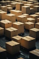 Poster - Cardboard boxes on a conveyor belt in a distribution warehouse, organized and ready for shipment.