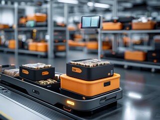 Poster - Cutting Edge Logistics Hub Workflow Autonomous Mobile Shelving Units Sensor Equipped Picking Arms Real Time Analytics Dashboards Monitoring Efficient with Vibrant Retro Futuristic Aesthetic