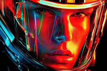 Poster - Futuristic portrait a person in an illuminated helmet, conveying mystery and intrigue.
