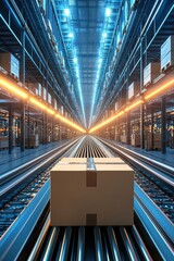 Poster - Cardboard boxes on conveyor belt in warehouse, illustrating distribution and logistics efficiency.