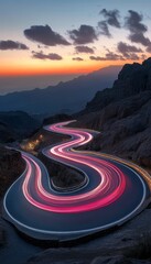 Poster - Dynamic sunset highway scene featuring motion blur and car light trails on curved asphalt path
