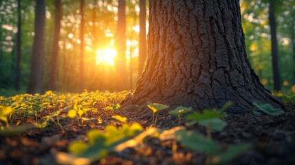 Poster - Sunlight streaming through forest trees with a close up of tree trunk, vibrant foliage on forest floor. Nature serenity and tranquility concept