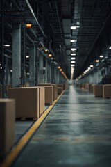 Poster - Cardboard boxes on conveyor belt in distribution warehouse, conveying efficiency and organization.