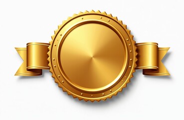 isolated shiny golden seal with ribbon on white background. round badge die-cut sticker. empty metal
