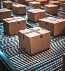 Poster - Cardboard boxes on conveyor belt in a busy distribution warehouse.
