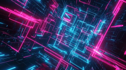 Fototapete - Vibrant digital abstraction showcasing a futuristic network of glowing lines in pink and blue against a dark background