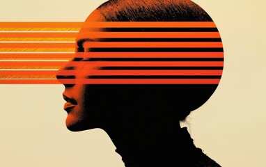 Poster - Surreal orange portrait silhouette with striped effects, showcasing a profile.