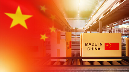 Poster - products made in china. boxes on conveyor. inscription was made in china on parcels. conveyor line i