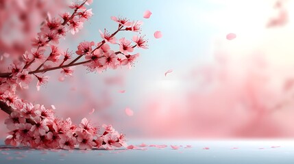 Poster - Delicate Cherry Blossoms Framing Peaceful Pink Floral Backdrop with Soft Falling Petals and Blurred Bokeh Effect for Elegant Springtime Artwork and Design