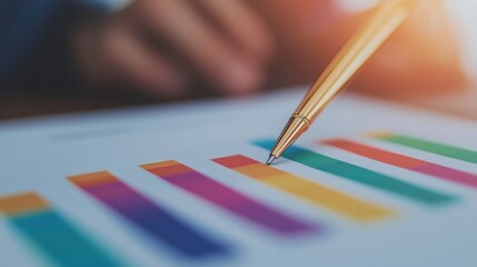 Poster - financial analysis graph with colorful bars and pen, illustrating growth trends