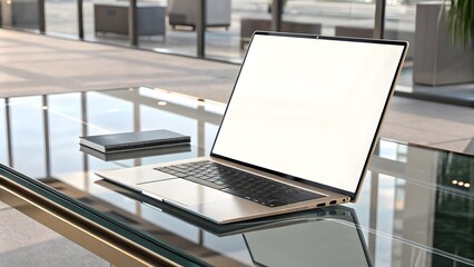 Aufkleber - A laptop with a blank poster mockup on its screen, representing modern design and creativity