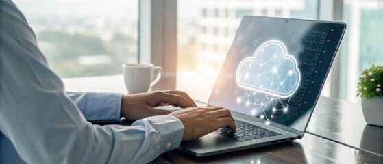 Poster - Cloud Computing: Captivating shot of a professional navigating the digital landscape through a laptop, focusing on cloud computing, in a modern office setting, illustrating technological progress. 