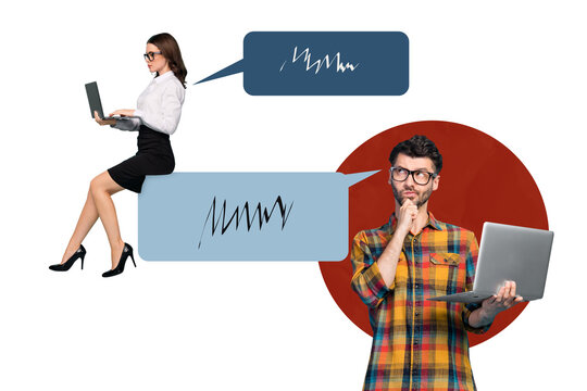 Creative abstract template graphics collage image of thoughtful workers chatting modern devices isolated white color background