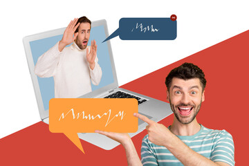 Poster - Creative trend collage of boss communicate worried freelancer online communication laptop management unusual fantasy billboard comics