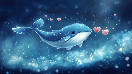 Wall Mural - a chibi whale blowing heart-shaped water droplets