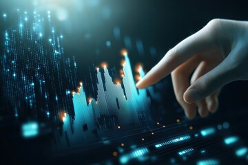 Poster - Hand pointing financial chart on dark background, showing data trends.