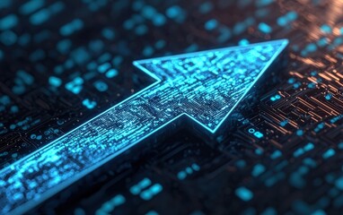 Poster - Arrow symbol technology shining in blue light on dark background.