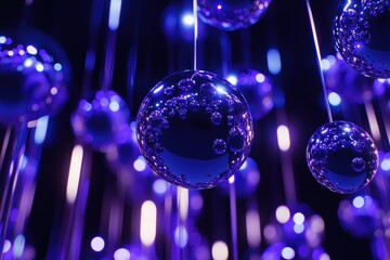 Poster - Purple shiny sphere balls create a vibrant, glossy backdrop, illuminating the space beautifully.