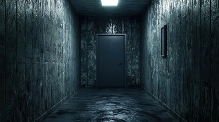 Poster - Empty room with rusted metal sheets and concrete walls, eerie atmosphere.