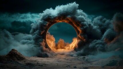 Poster - Dramatic and surreal depiction of a powerful stargate or dimensional rift emitting a mysterious blue energy glow amidst a turbulent cosmic storm of clouds and nebula
