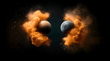 Poster - Dramatic cosmic collision of two planets orbiting and clashing against each other in a deep dark space void with fiery explosions bursts of energy and a surreal fantastical celestial display