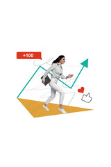 Aufkleber - Collage image 3d poster of happy going girl working as content manager successful growth blog development isolated on drawing background