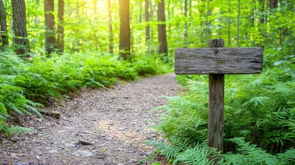 Wall Mural - a serene forest path with a wooden signpost surrounded by lush greenery and sunlight streaming throu