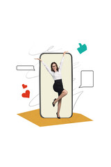 Aufkleber - Collage vertical picture of young happy woman winner celebrate blog popularity rejoice have fun isolated on drawing background