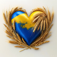 Golden wheat heart with Ukrainian flag in blue and yellow colors on isolated white background.