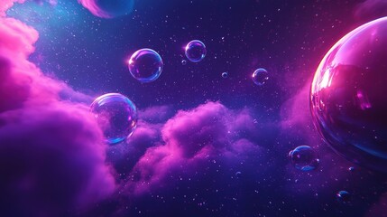 Poster - Vibrant bubbles dance in dark space, creating a magical view.
