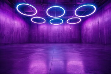 Poster - retro futuristic neon lights and glowing circles in a vibrant space.