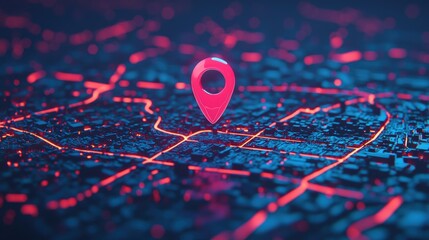 Poster - Digital map with glowing red pin on dark blue background. Great for navigation.