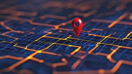 Poster - Map with glowing red pin on dark blue background, highlighting location.