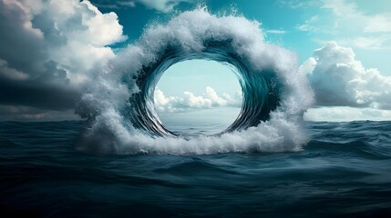 Poster - Dramatic symmetrical ocean wave arch emerging from the deep blue stormy seas with a tranquil calm void at the center framed by powerful swirling motion and energy