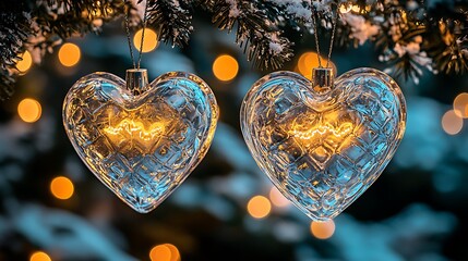 Poster - Two heart-shaped Christmas ornaments with fairy lights on snow-covered fir tree branches, holiday background