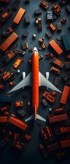 Poster - Dramatic wide angle aerial vista showcasing a thriving international air freight hub where a choreographed ballet of cargo planes freight trucks