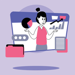 Poster - Woman presenting data metrics with charts and graphs in digital environment. Documents and folders emphasizing business analytics and strategy
