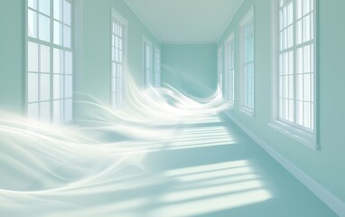 Poster - Generative AI illustration, dark hall with smoke and ethereal light.