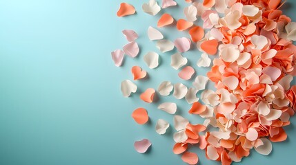 Poster - Dreamy Pastel Love Confetti Scattered from Edges on Soft Open Center Background  Romantic festive and elegant design with floating heart shaped petals in pink white