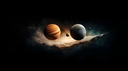 Poster - Dual planets or celestial orbs majestically orbiting each other in a dramatic atmospheric cosmic void filled with swirling nebulae clouds and gas  Captivating otherworldly