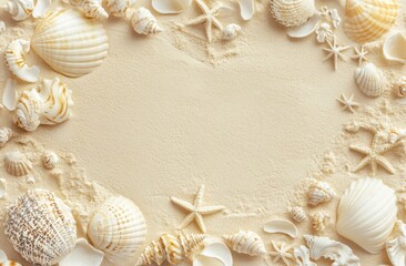 Poster - A frame of beige sand with seashells and starfish, top view. Summer background for your design.