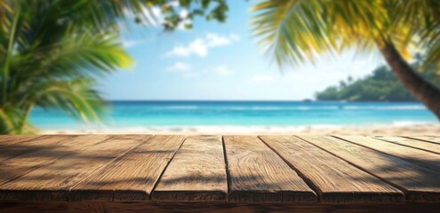 Aufkleber - Empty wooden table top with a blurred tropical beach background for product display, a summer vacation concept