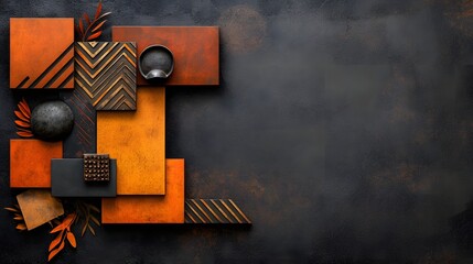 Poster - earthy tribal geometric patterns and masks in abstract modern composition with neutral tones intrica