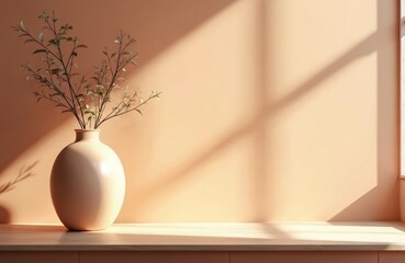 Poster - Minimalist interior with beige wall, wooden table, vase with branches. Sunlight creates geometric shadows. Empty wall mockup for product display. Interior design in neutral colors, copy space.