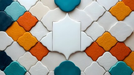 Poster - Elegant and intricate Moroccan style mosaic tiles with a blank minimalist white background  The vibrant geometric patterns and symmetrical designs create a visual