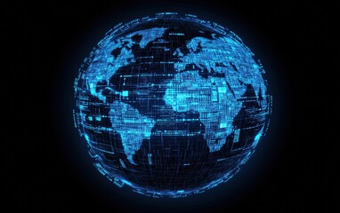 Poster - Blue digital globe with icons glowing in a dark atmosphere, illustrating technology and connection.