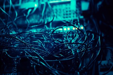 Poster - An intricate arrangement of tangled wires and cables fills the space in a low-light technological environment, showcasing connectivity and chaos in modern electronics. Generative AI