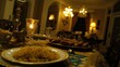 © A B I G A I L - Elegant dinner party, mansion dining room, golden tableware,  candlelight ambiance, food served