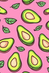Poster - Vibrant pink banner with green avocado pattern and leaves.